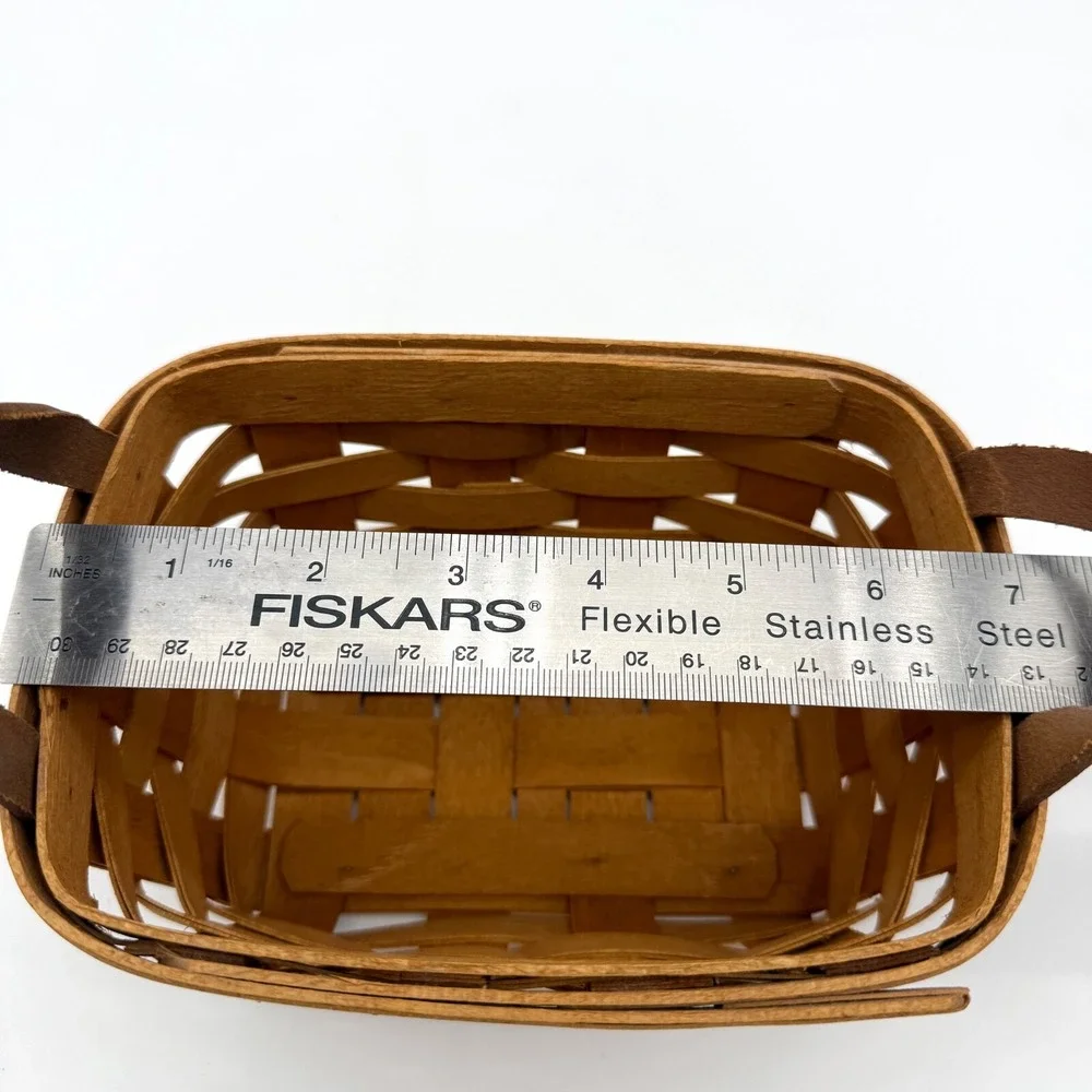 Longaberger 1994 Small Rectangular Basket w/ Leather Handles, Plaid Ruffled Line
